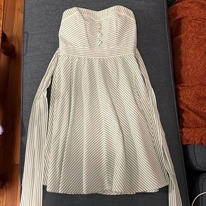 Green and white searsucker striped strapless spring dress/Midi